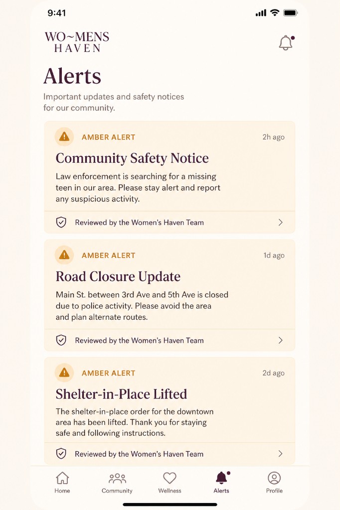 Community emergency alerts feed screen