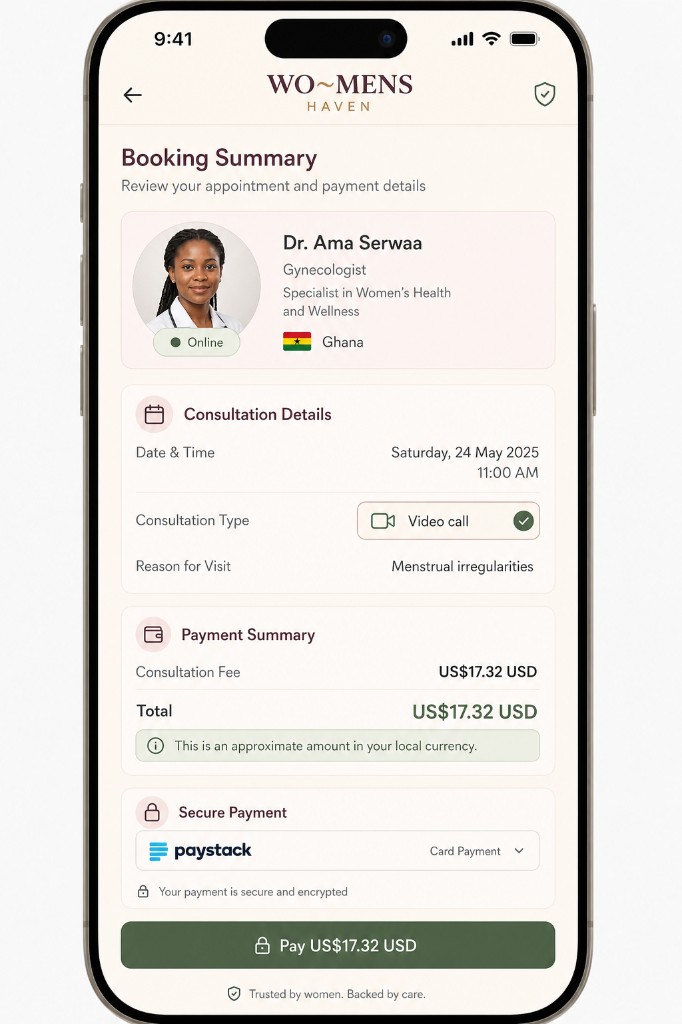 Doctor consultation booking screen with Paystack payment details