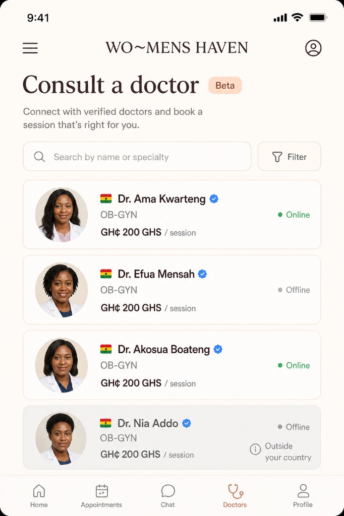 Doctor directory interface showing country flags and status